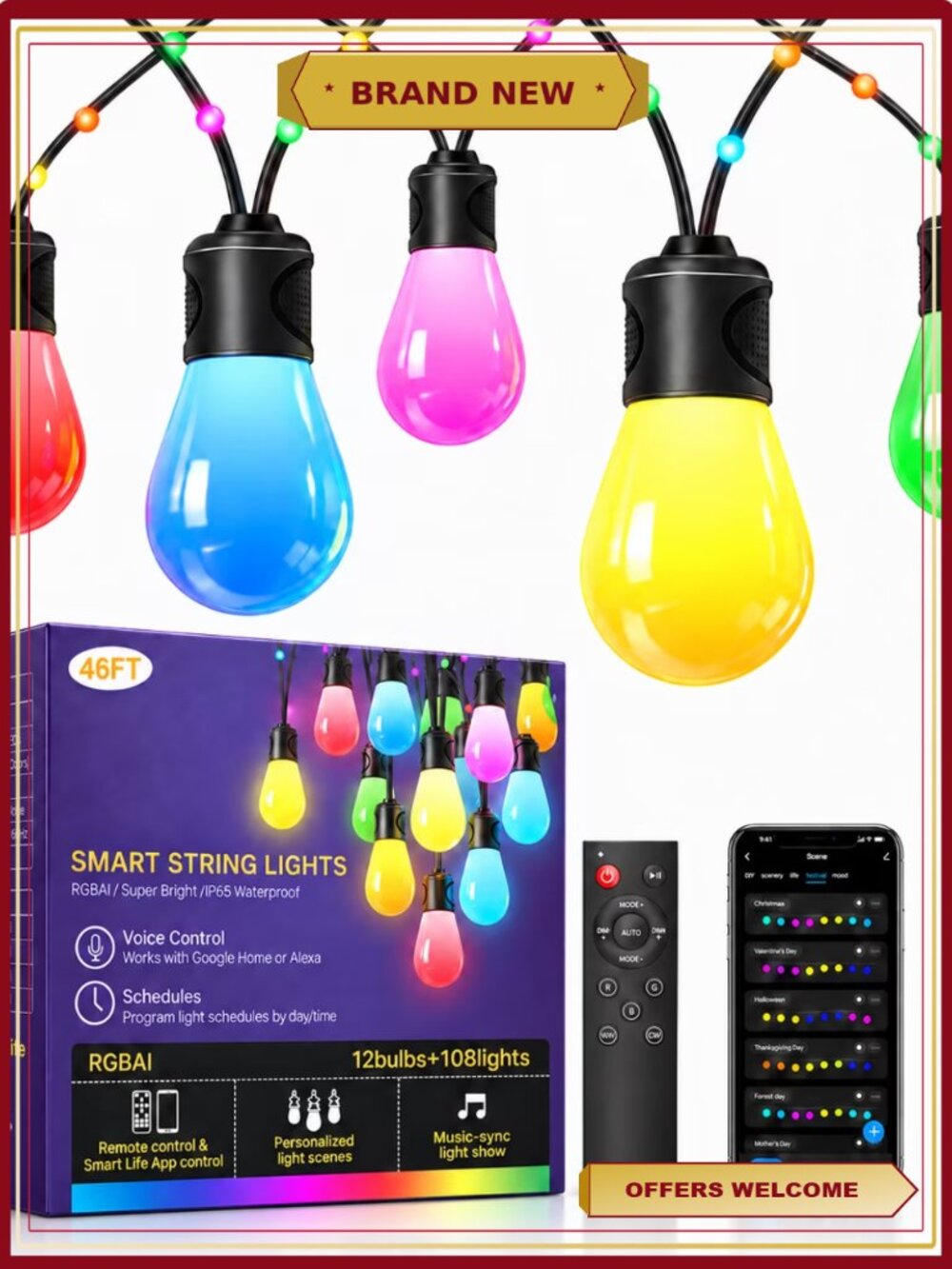46FT Smart Outdoor String Lights RGBIC Warm White LED 12 Bulbs IP65 Waterproof